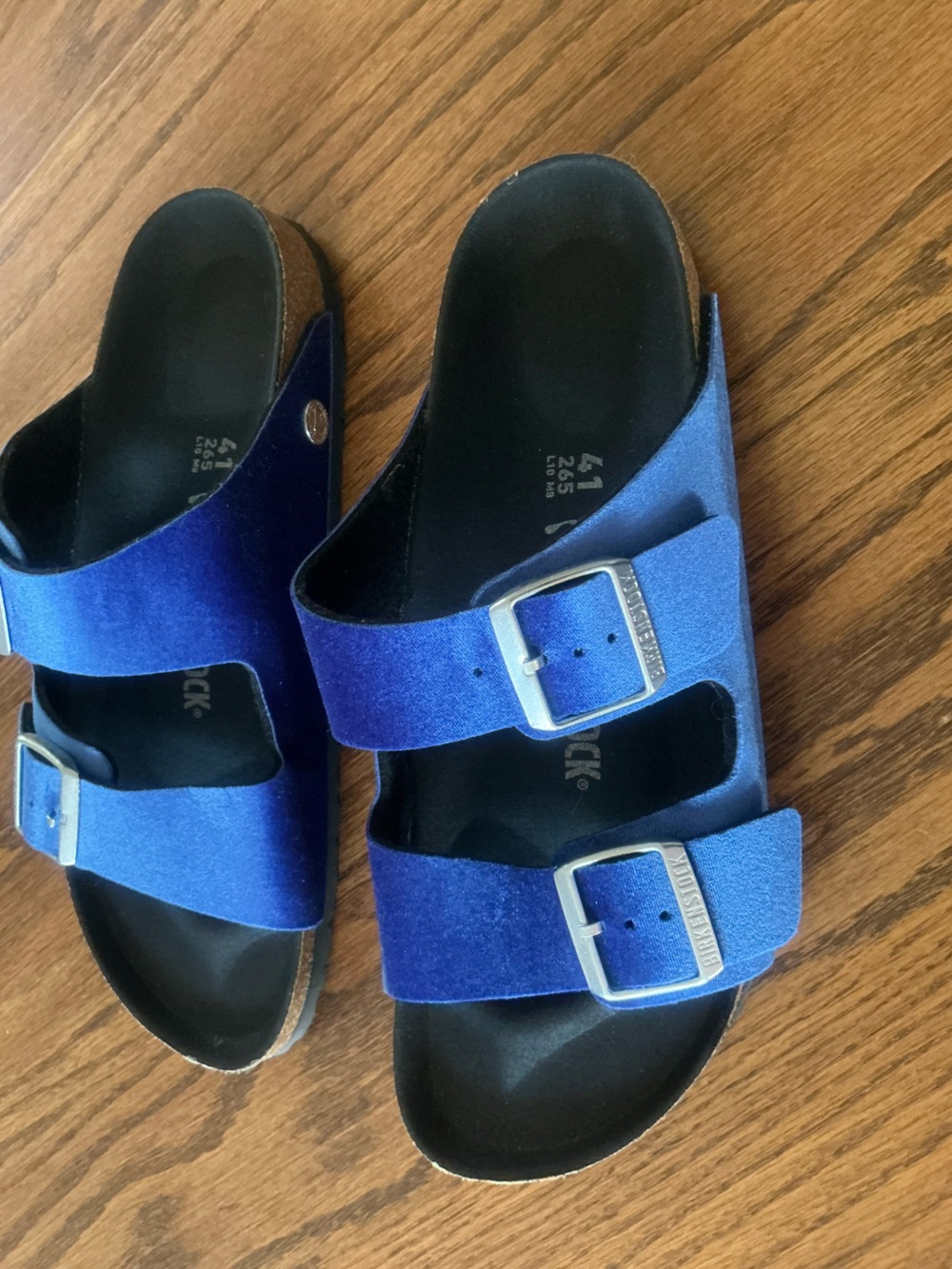 Birkenstocks Royal Blue Velvet Arizona Slide Sandals- 41N